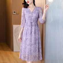 Load image into Gallery viewer, Purple Long Sleeve V-Neck Silk Dress