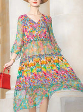 Load image into Gallery viewer, Long Beach Boho V Neck Vintage Print Chiffon Dress