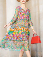 Load image into Gallery viewer, Long Beach Boho V Neck Vintage Print Chiffon Dress