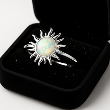 Load image into Gallery viewer, Sterling silver opal sun ring with subtle sparkle effect on black velvet
