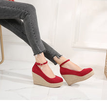 Load image into Gallery viewer, Suede Wedges Shoes For Women | Round Toe Ankle Strap