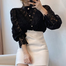 Load image into Gallery viewer, Petal Sleeve Stand Collar Flower Lace Shirt For Women