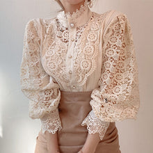 Load image into Gallery viewer, Petal Sleeve Stand Collar Flower Lace Shirt For Women