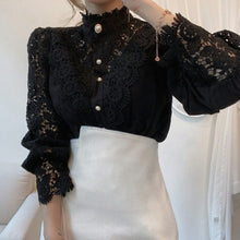 Load image into Gallery viewer, Petal Sleeve Stand Collar Flower Lace Shirt For Women