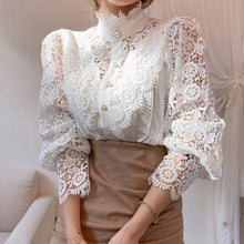 Load image into Gallery viewer, Petal Sleeve Stand Collar Flower Lace Shirt For Women