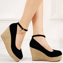 Load image into Gallery viewer, Suede Wedges Shoes For Women | Round Toe Ankle Strap