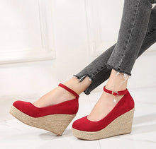 Load image into Gallery viewer, Suede Wedges Shoes For Women | Round Toe Ankle Strap