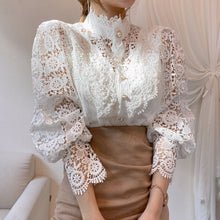 Load image into Gallery viewer, Petal Sleeve Stand Collar Flower Lace Shirt For Women