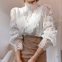 Load image into Gallery viewer, Petal Sleeve Stand Collar Flower Lace Shirt For Women