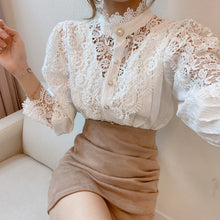 Load image into Gallery viewer, Petal Sleeve Stand Collar Flower Lace Shirt For Women