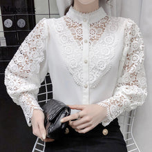 Load image into Gallery viewer, Petal Sleeve Stand Collar Flower Lace Shirt For Women