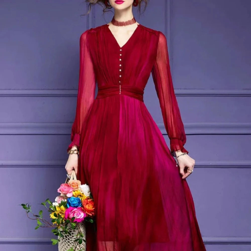 Elegant Silk Chic Ruffled Collar Long Woman Dress