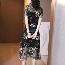 Load image into Gallery viewer, Embroidered Floral Chiffon Black Dress
