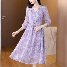 Load image into Gallery viewer, Purple Long Sleeve V-Neck Silk Dress
