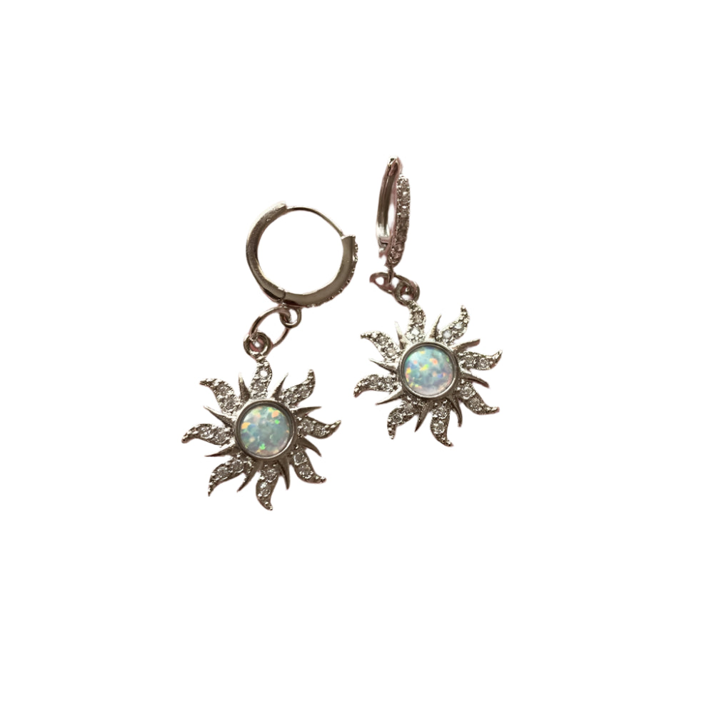 White Opal Sun Pendant Hoop Earrings