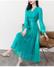 Load image into Gallery viewer, Elegant Silk Chic Ruffled Collar Long Woman Dress
