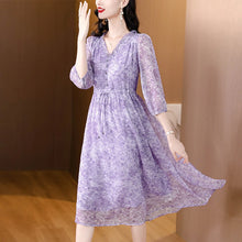 Load image into Gallery viewer, Purple Long Sleeve V-Neck Silk Dress
