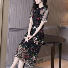 Load image into Gallery viewer, Embroidered Floral Chiffon Black Dress
