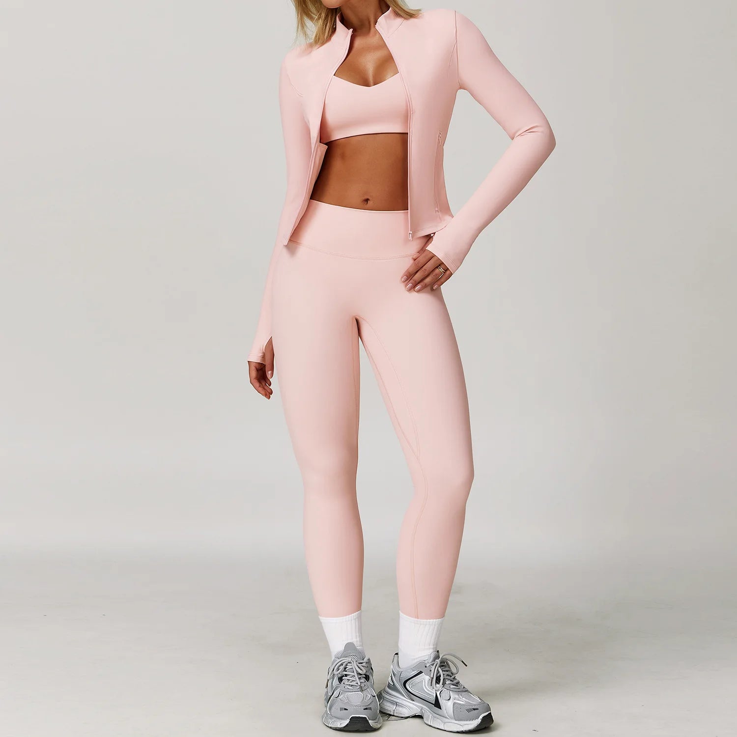 3PCS Women's Sports Set: Slim Fit Quick-Dry Yoga Jacket & High Waisted Push Up Fitness Outfit | All-Season Workout Clothes
