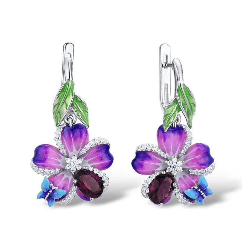 Purple Flower Butterfly Earrings 925 Silver